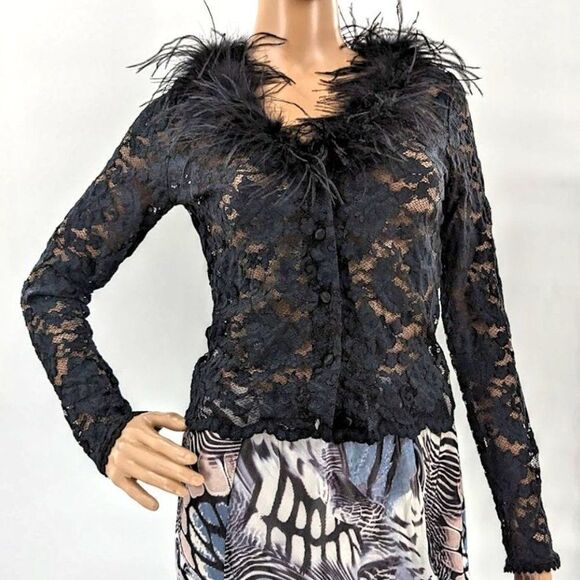 Vintage 90s y2k Lace Top Feather Collar Whimsigoth Black Stretch Clueless M - Picture 2 of 11